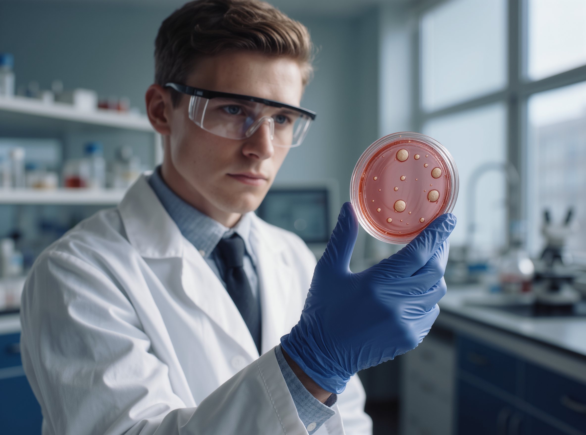 Microbiologist examining a blood agar plate